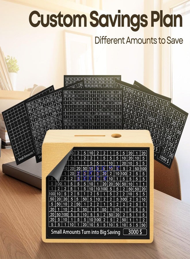 Flexzion Wooden Cash Saving Money Box - 10k Money Save Challenge Piggy Bank with 8 Saver Targets - Cash Vault Wooden Savings Box 10000 5000 3000 2000 1000 500 - Image 5